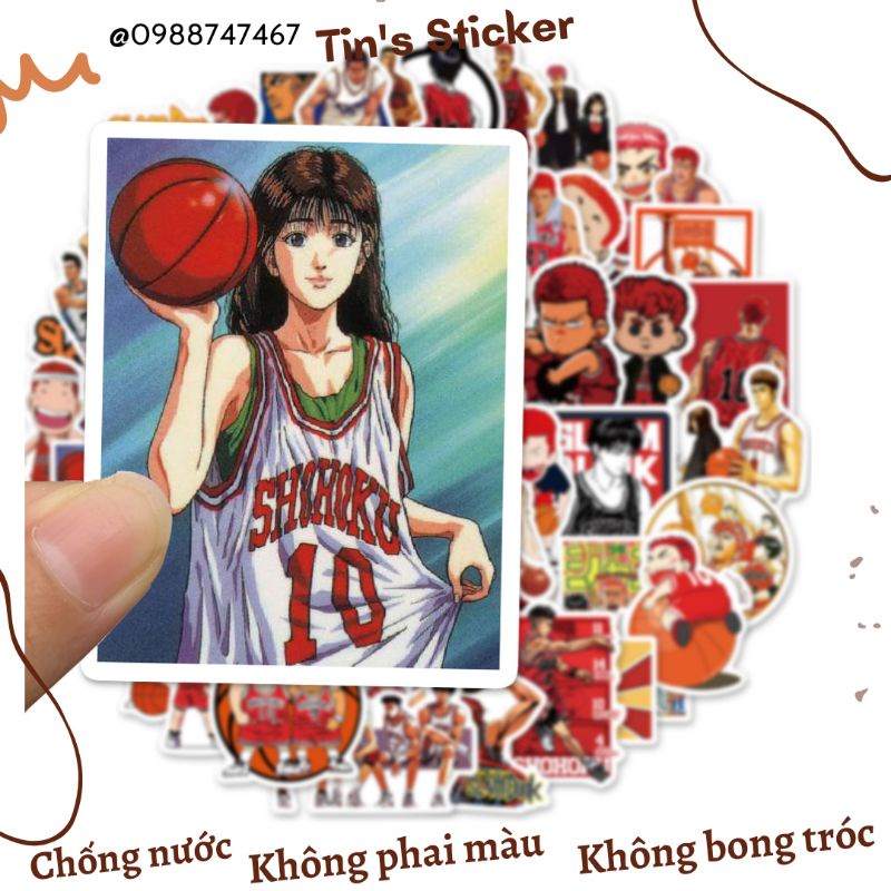 Set combo 50 miếng dán sticker Slam Dunk Thiên tài bóng rổ dán nón mũ bảo hiểm laptop vali sổ sách đàn guitar điện thoại