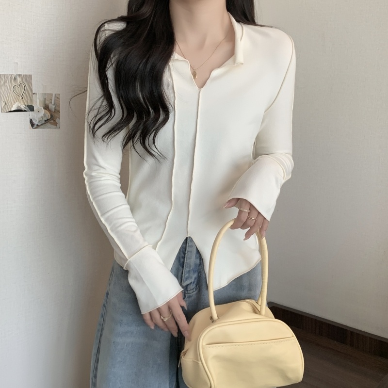 Áo kiểu ZHELIHANGFEI tay dài cổ chữ V thiết kế chỉ nổi thời trang dành cho nữ