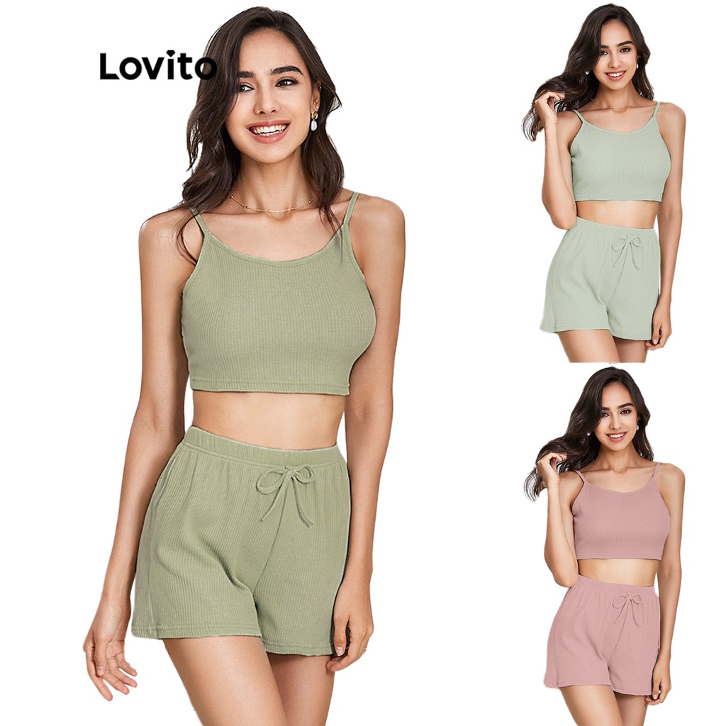 (Gợi ý từ KOL) Lovito Bộ đồ Lovito gồm áo croptop và quần short có dây thắt nơ bướm thoải mái mặc thường ngày L11031 (Màu be、xanh xám、Hồng)