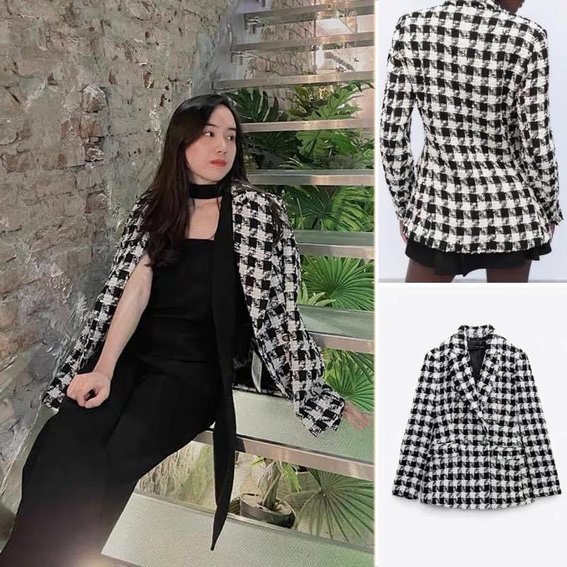 Áo khoác dạ tweed nữ dài tay Zara tuồn, Áo kiểu dáng blazer túi nắp họa tiết kẻ caro sang chảnh MEI YING OFFICIAL