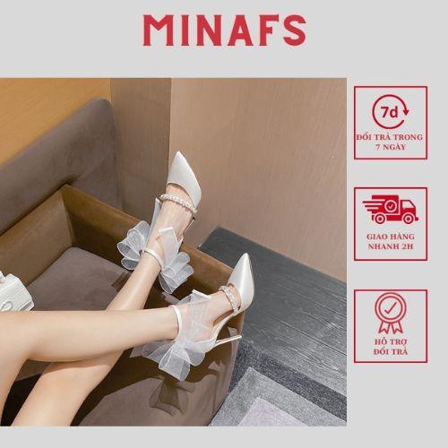 Giày Bít Mũi Nữ Cao Gót MINAFS Giày Cưới Mũi Nhọn Đính Đá Màu Trắng Đen Nơ Lụa Xinh Xắn Cô Dâu Gót Nhọn Cao 9cm- GBNS