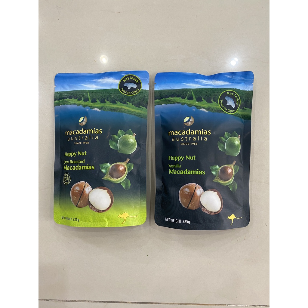 Hạt mắc ca Úc nguyên vỏ vị Vanilla Happy Nut Vanilla Macadamias Australia 225g