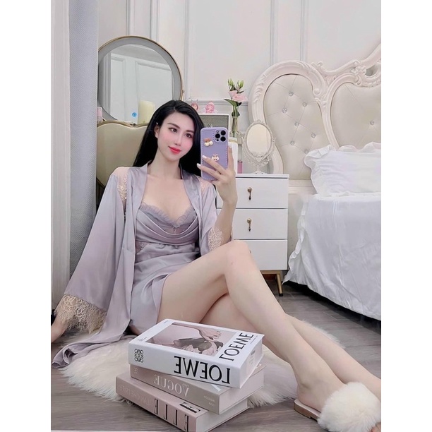 SP.104 Váy ngủ lụa hai dây nhún bèo ngang kèm áo choàng sang chảnh, đầm ngủ Quảng Châu cao cấp có sẵn