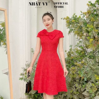 Đầm Đi Tiệc NHẬT VY Cổ Tròn Phối Nơ Chất Tapta Thun Dáng Xòe Màu Vàng, Đỏ, Trắng - D1848