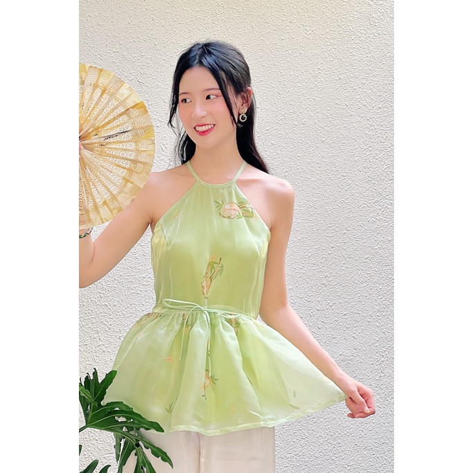 Sumire Store Áo yếm xòe organza Nhạc Hoa - Xanh cốm