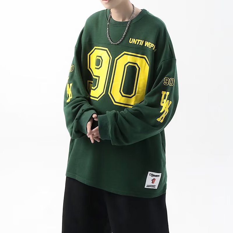 Áo Thun Tay Dài Chui Đầu Dáng Rộng In Hình Khúc Côn Cầu 90 Hockey Jersey Phong Cách Retro Đường Phố Mỹ