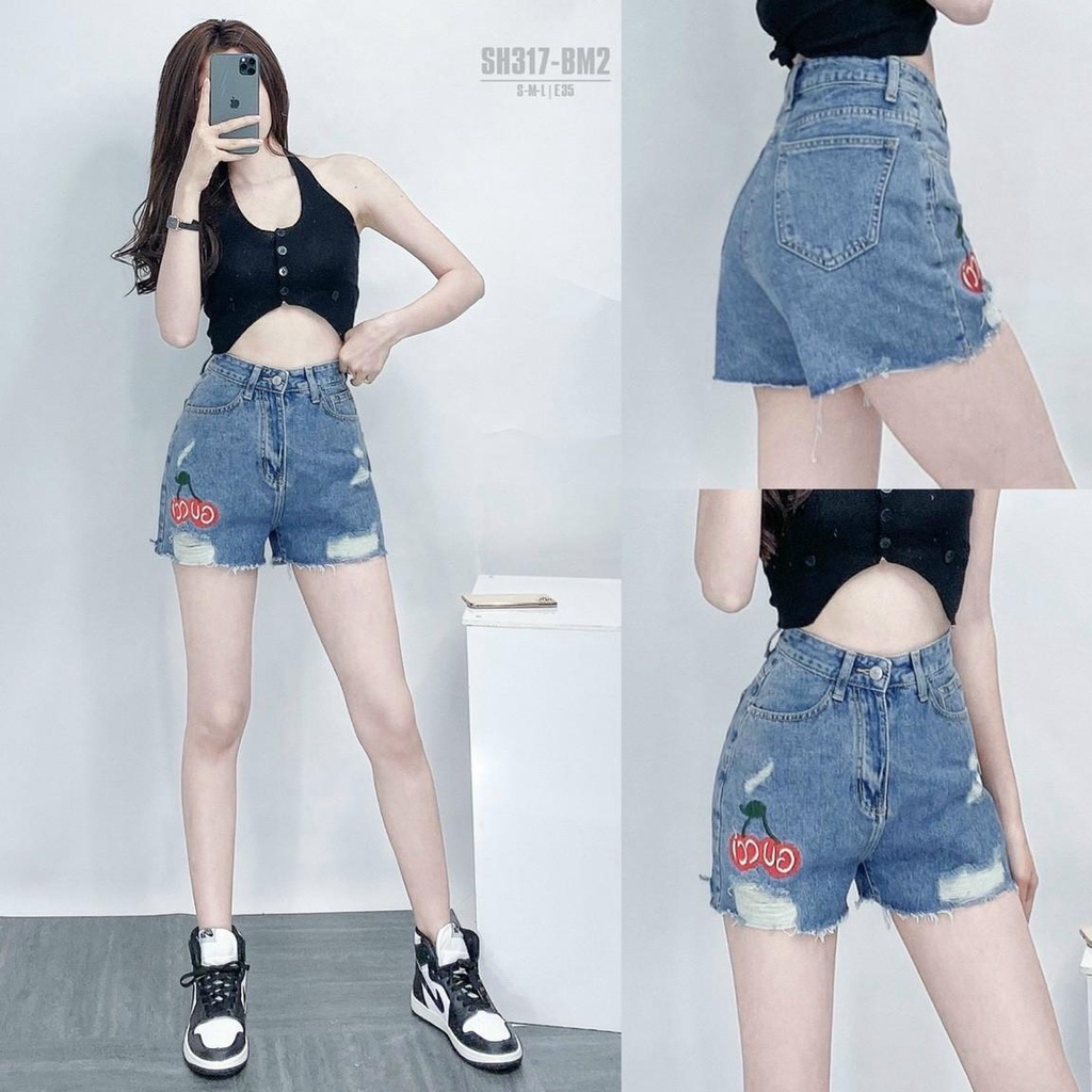 [Bigsize] Quần Sọt Jean Nữ Mẫu Rách Thêu Hoa Hàng Co Giãn Từ 60-85kg