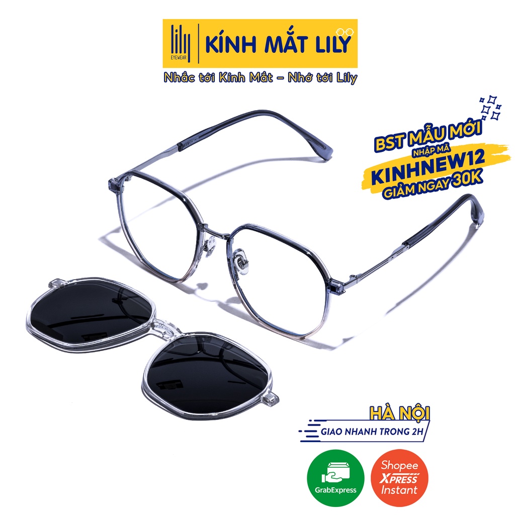 Gọng kính mắt vuông nam nữ LILYEYEWEAR 2in1 kèm tròng râm phân cực kiểu dáng thời trang P10091