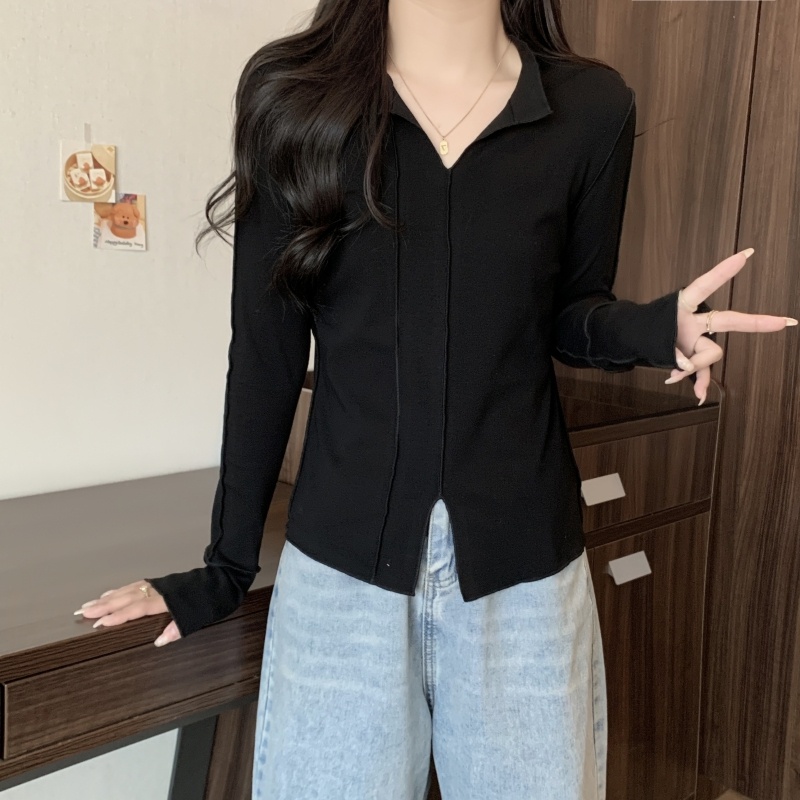 Áo thun nữ ZHELIHANGFEI tay dài cổ chữ v màu sắc đơn giản