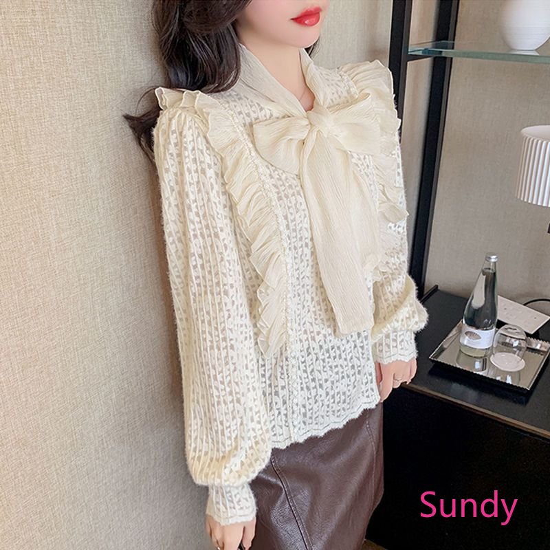 Plus Áo Sơ Mi Tay Dài Phối Bèo Đính Nơ Phong Cách Phương Tây Thời Trang Xuân Thu Cho Nữ