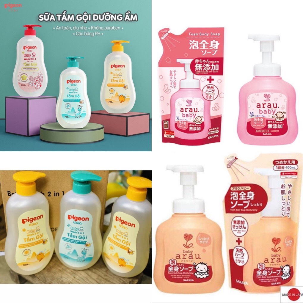 Sữa tắm gội dịu nhẹ cho em bé pigeon 700ml 2in1 Jojoba, sữa tắm dầu gội đầu trẻ em bé sơ sinh arau baby dưỡng ẩm cam