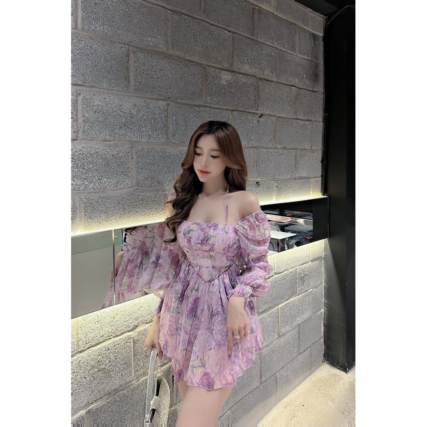 Đầm tiểu thư dáng xòe, đầm đi chơi sexy cá tính thiết kế 2 dây có mút, có lót quần chất voan hoa y hình
