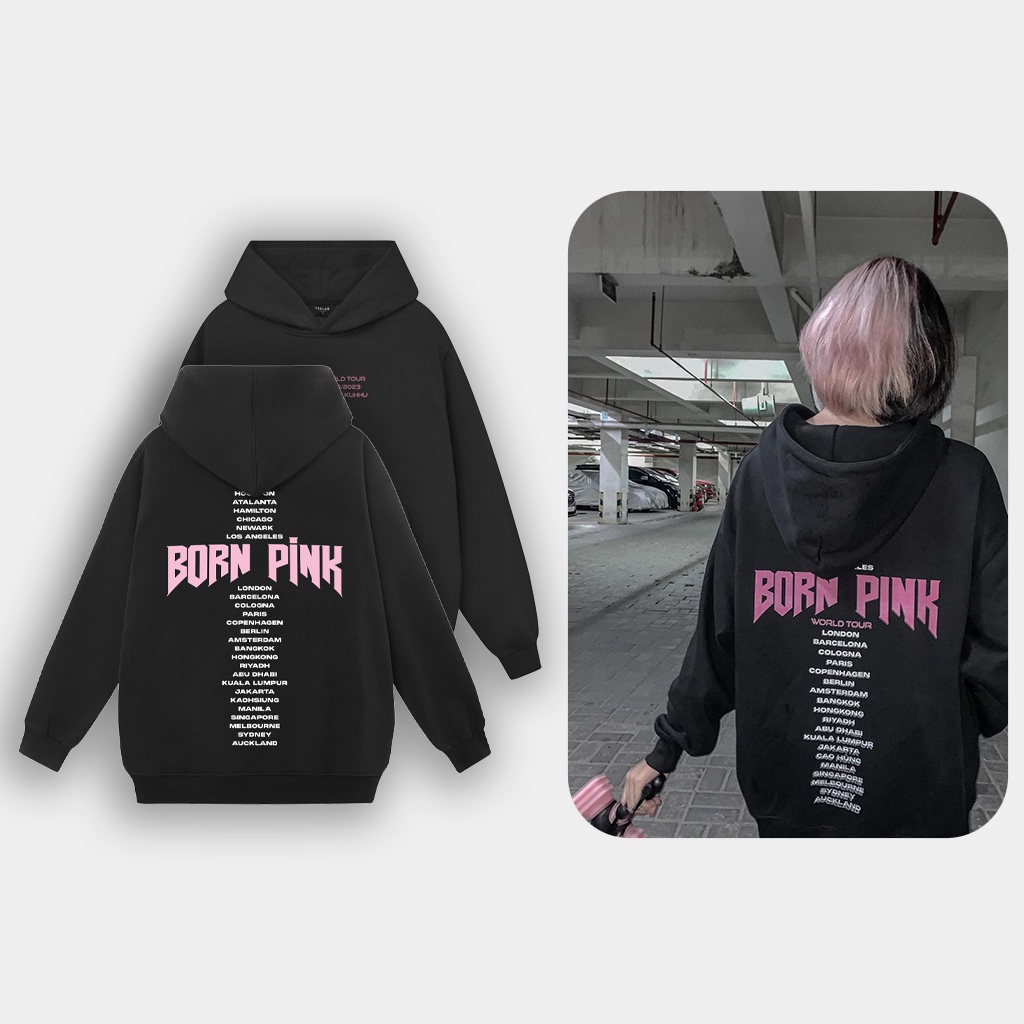 BORN.PINK HOODIE Áo hoodie nỉ bông unisex oversize màu đen Shopee