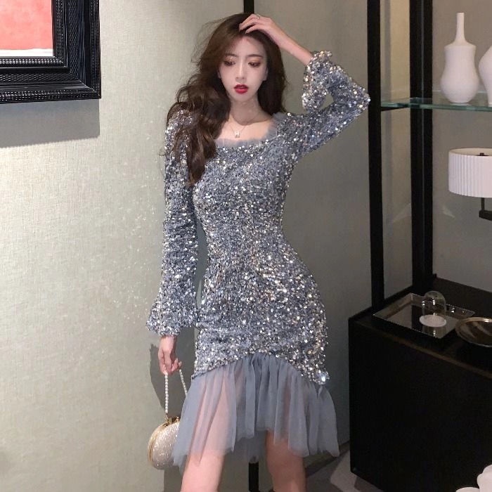 Đầm Dự Tiệc Dáng Ôm Kiểu Đuôi Cá Đính Kim Sa Lấp Lánh Phong Cách Mới