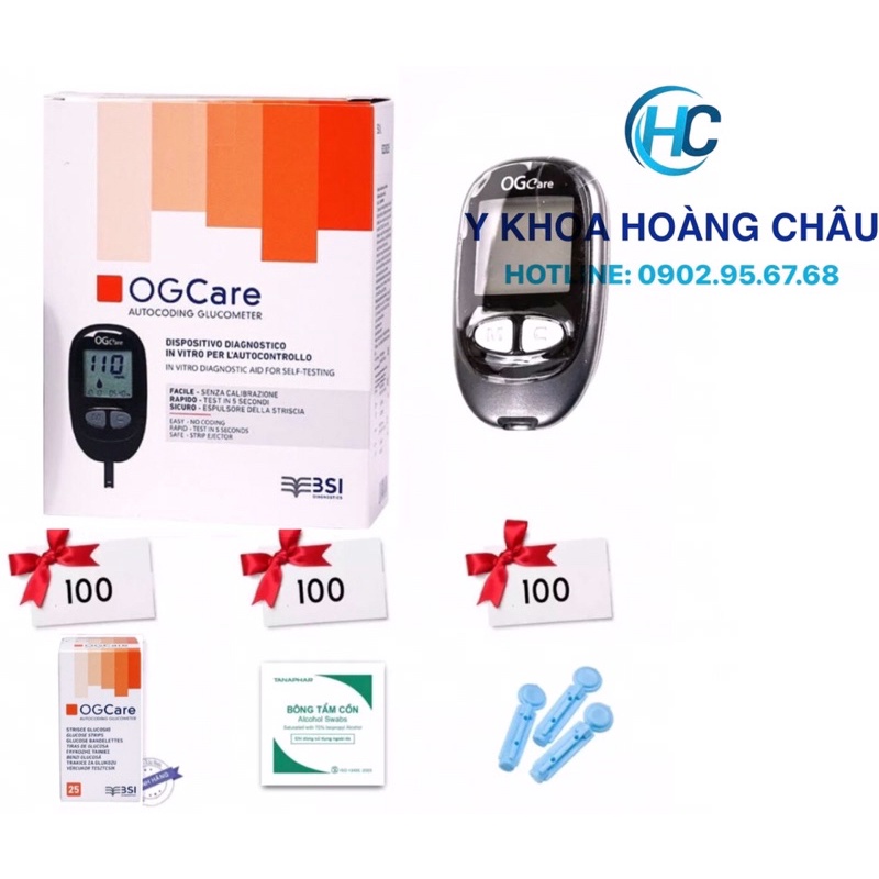 Máy đo đường huyết OGCare (Kèm 100 que thử, 100 kim, 100 bông tẩm cồn)