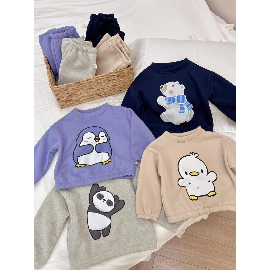 Bộ quần áo nỉ lót bông dài tay bo gấu siêu ấm dày dặn in hình decal không rạn cho bé 9-26kg