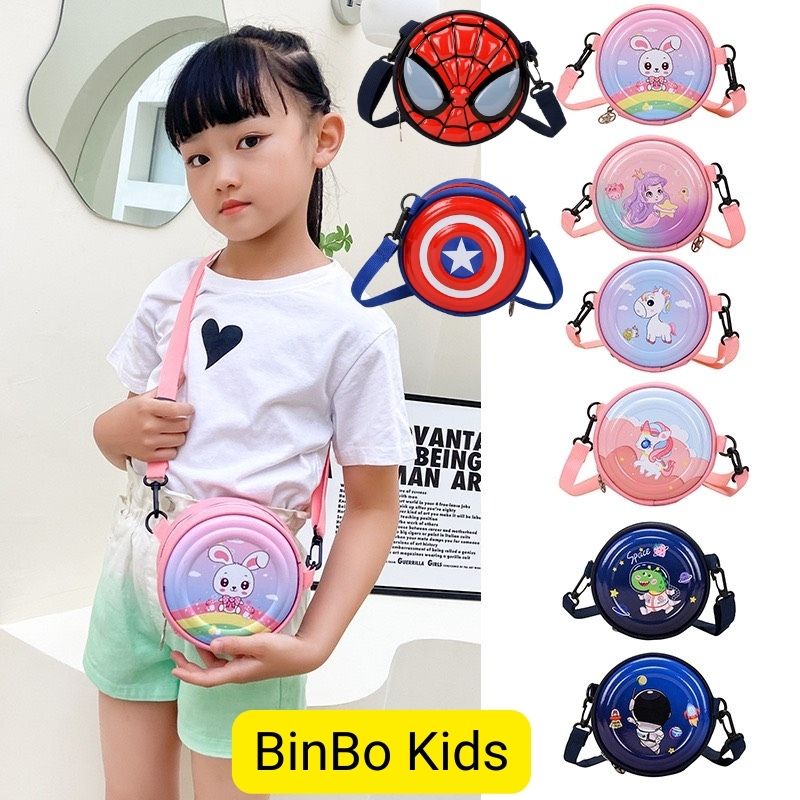 Túi đeo chéo dễ thương cho bé gái, bé trai hình tròn hoạt tiết siêu nhân, người nhện, ngựa pony, công chúa BINBOKIDS2022