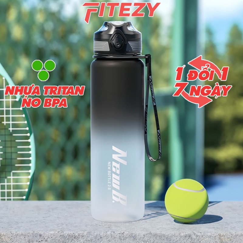 Bình nước thể thao nhựa Tritan an toàn 1 lít tập gym có nắp lọc trà NewB FITEZY