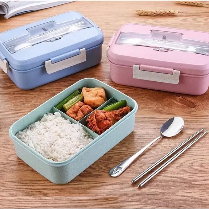 Hộp Cơm Văn Phòng 3 Ngăn Cao Cấp Kèm Đũa Thìa 1000ml, Làm Từ Nhựa Lúa Mạch Đựng Đồ Ăn Tiện Dụng, An Toàn Vệ Sinh
