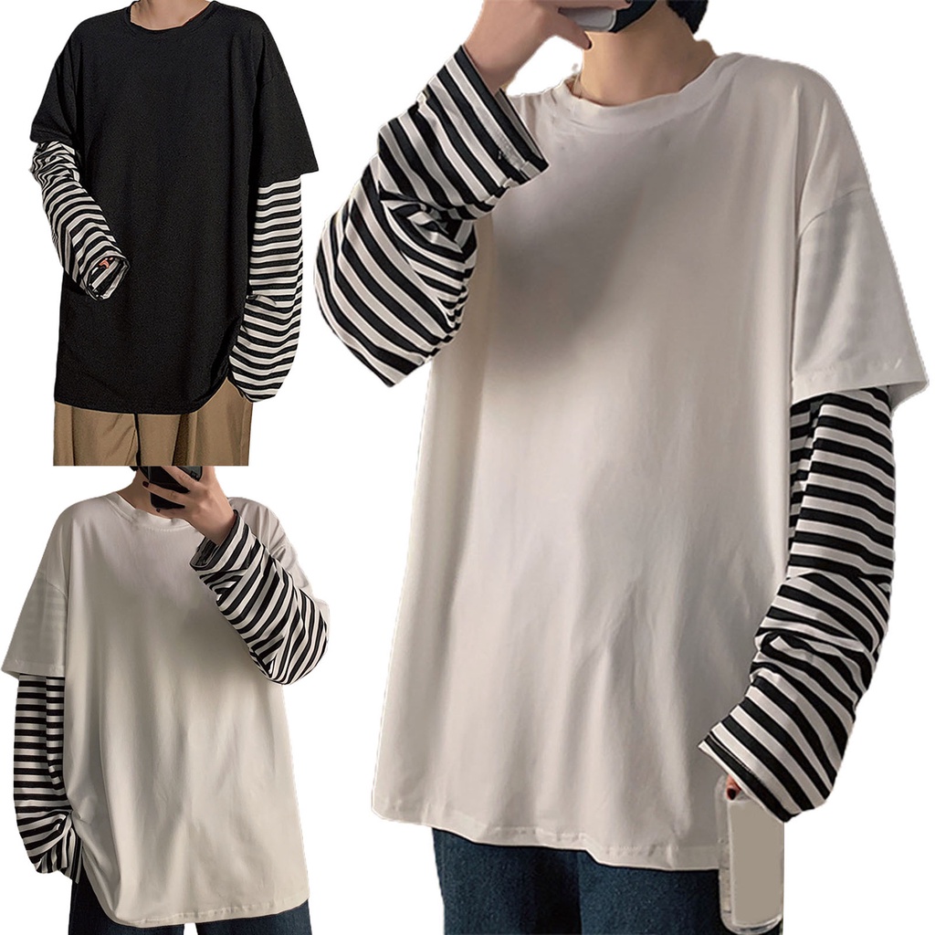 Áo Thun Tay Dài Giả Hai Lớp Họa Tiết Sọc Ngang Thời Trang Dành Cho Nam