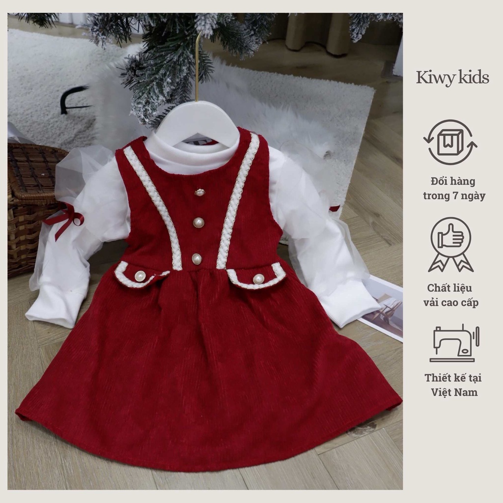 Set nhung tăm bé gái Kiwy Kids gồm váy yếm và áo nỉ có đính nơ đáng yêu Kids2239 cho bé 1 đến 10 tuổi