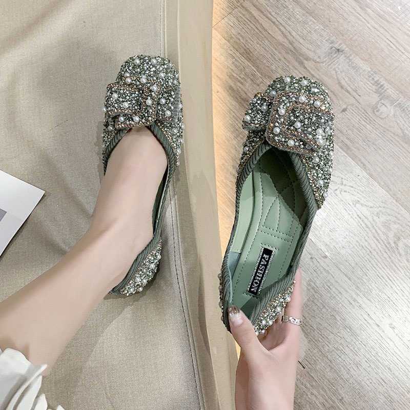 Giày Búp Bê Mũi Vuông Đính Hạt Ngọc Trai Và Đá Thời Trang Hàn Quốc Mới Cho Nữ