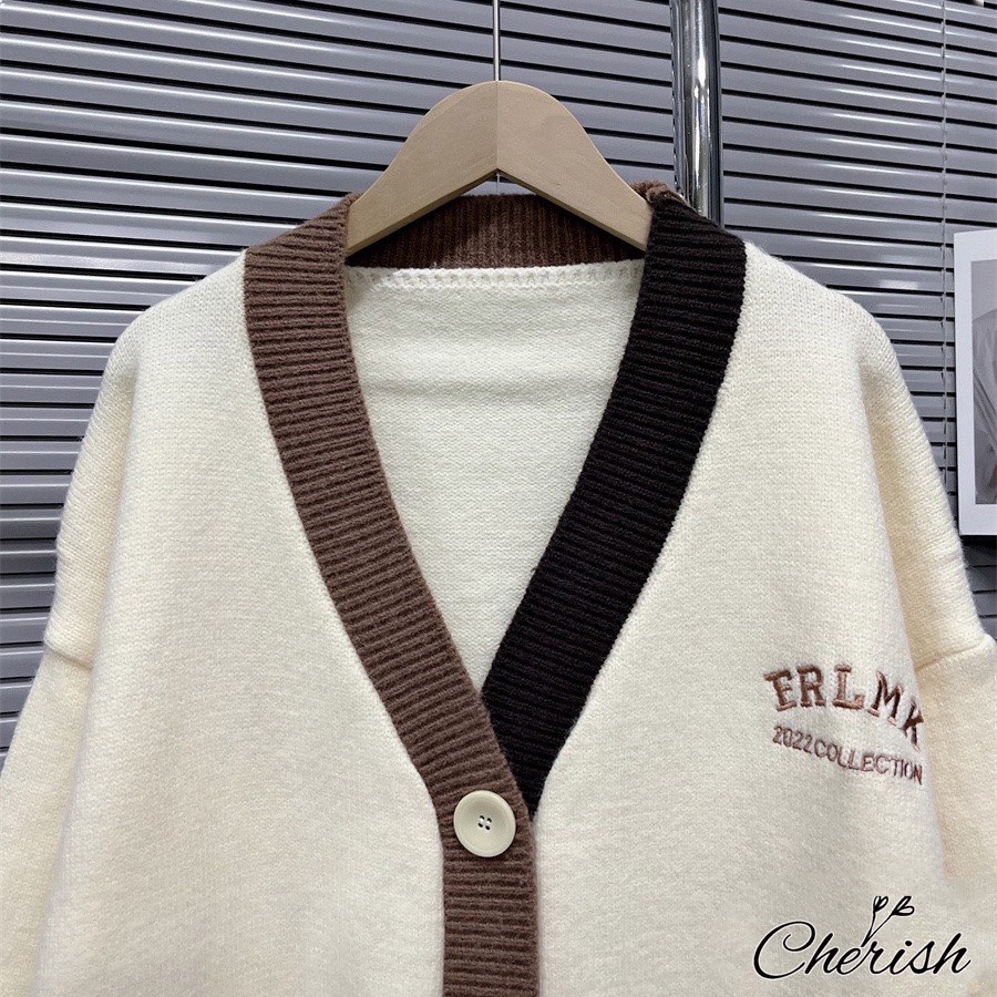 Áo Khoác Cardigan Thêu Chữ Phối 2 Màu Áo Cadigan Len Nữ dày dặn CHERISH-CD08