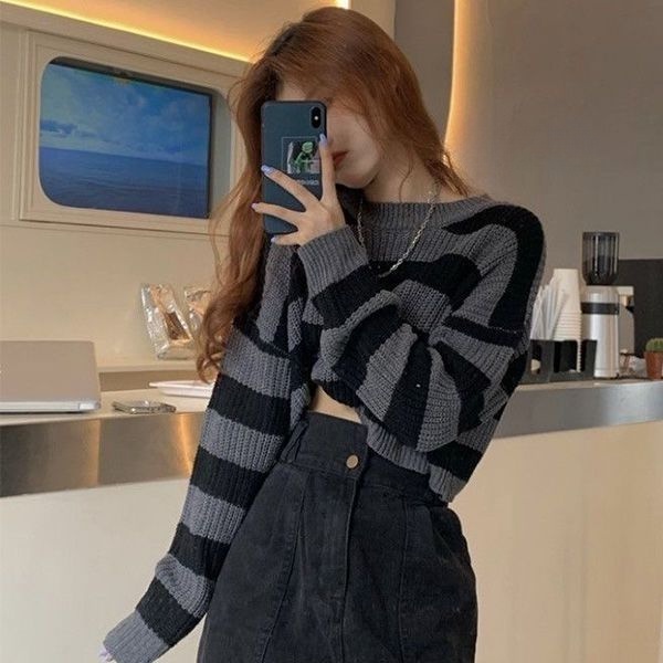 Áo Len Sáp Mềm Ngắn Tay Dài Kẻ Sọc Kiểu Retro Nhật Bản Thời Trang Xuân Thu Cho Nữ