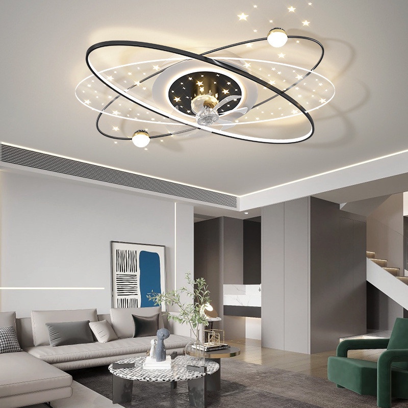 Quạt đèn ốp trần trang trí hình elip-Quạt trần 360 độ hiện đại 3 chế độ sáng decor phòng khách-sảnh-khách sạn-chung cư
