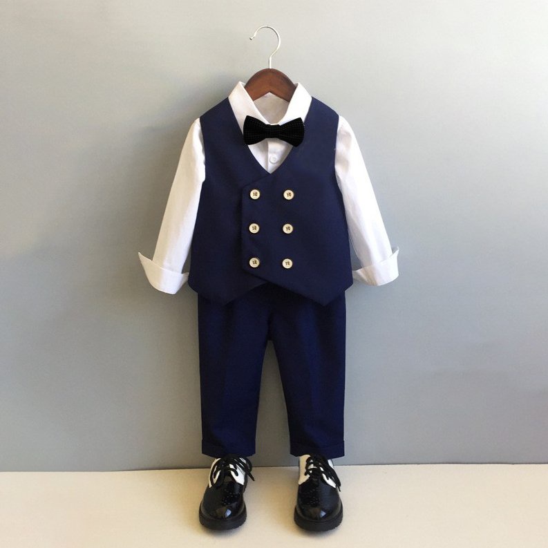 Set vest công tử cho bé, gile cho bé mang phong cách Hàn Quốc hàng thiết kế kèm nơ