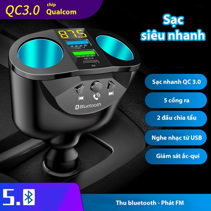 Bộ chia tẩu sạc ô tô đa năng 2 chấu, sạc nhanh QC3.0, bluetooth, MP3, Type-C, phát FM, LCD, kết nối điện thoại với ô tô