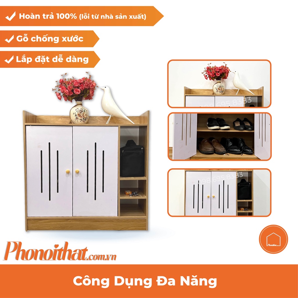 Tủ giày gỗ 2 cánh, 3 tầng đa năng - Màu Trắng - D77xR28xC76cm - Decor trong nhà, văn phòng, phòng trọ, giày, dép, ô dù