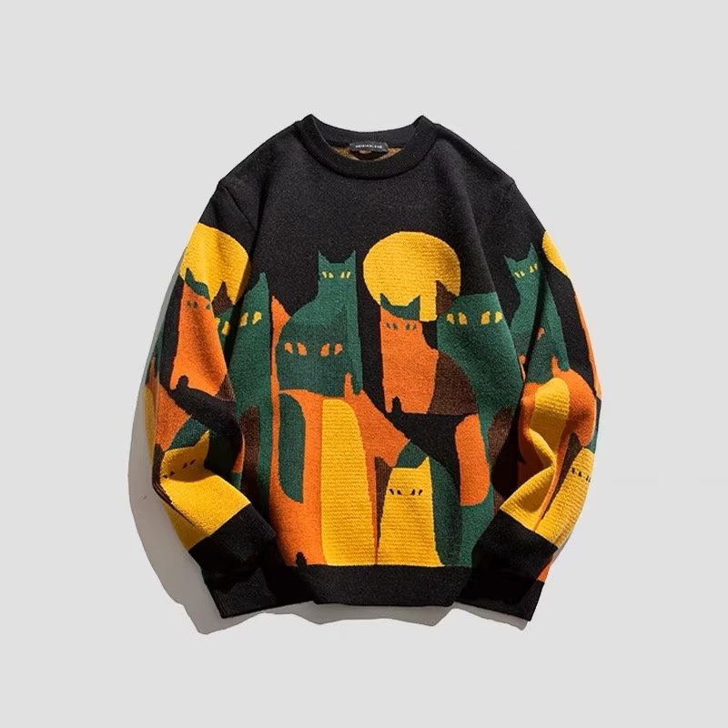 Áo len cổ tròn thêu mèo mùa xuân Nhật Bản Tide Cityboy Áo len dệt kim thời trang