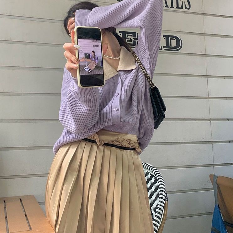 [spot] Áo Khoác cardigan Dệt Kim Dáng Rộng Màu Tím Đơn Giản Thời Trang Phong Cách Hàn Quốc