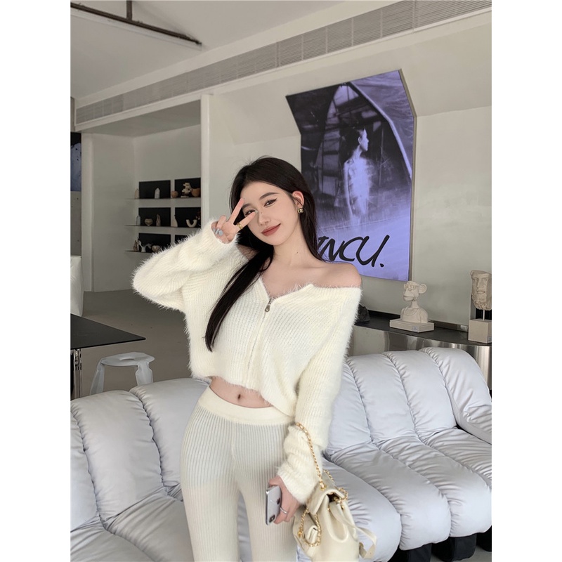 Áo Cardigan Ngắn Dáng Ôm Màu Trơn Phối Khóa Kéo Kiểu Hàn Quốc