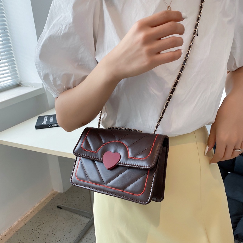 AlphaZ Túi Đeo Vai Hình Vuông Cỡ Nhỏ Bằng Da PU Họa Tiết Trái Tim Phối Dây Xích Kiểu Hàn Quốc Dễ Phối Đồ