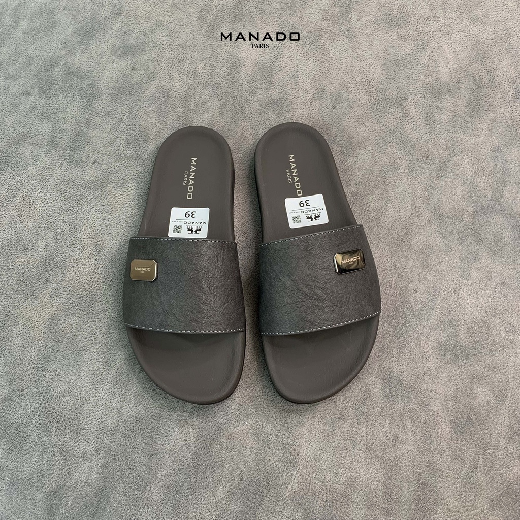 Dép da nam quai ngang cao cấp Manado Mã MND02 màu xám fullbox, quai da mềm mại, đế cao su thiết kế chắc chắn