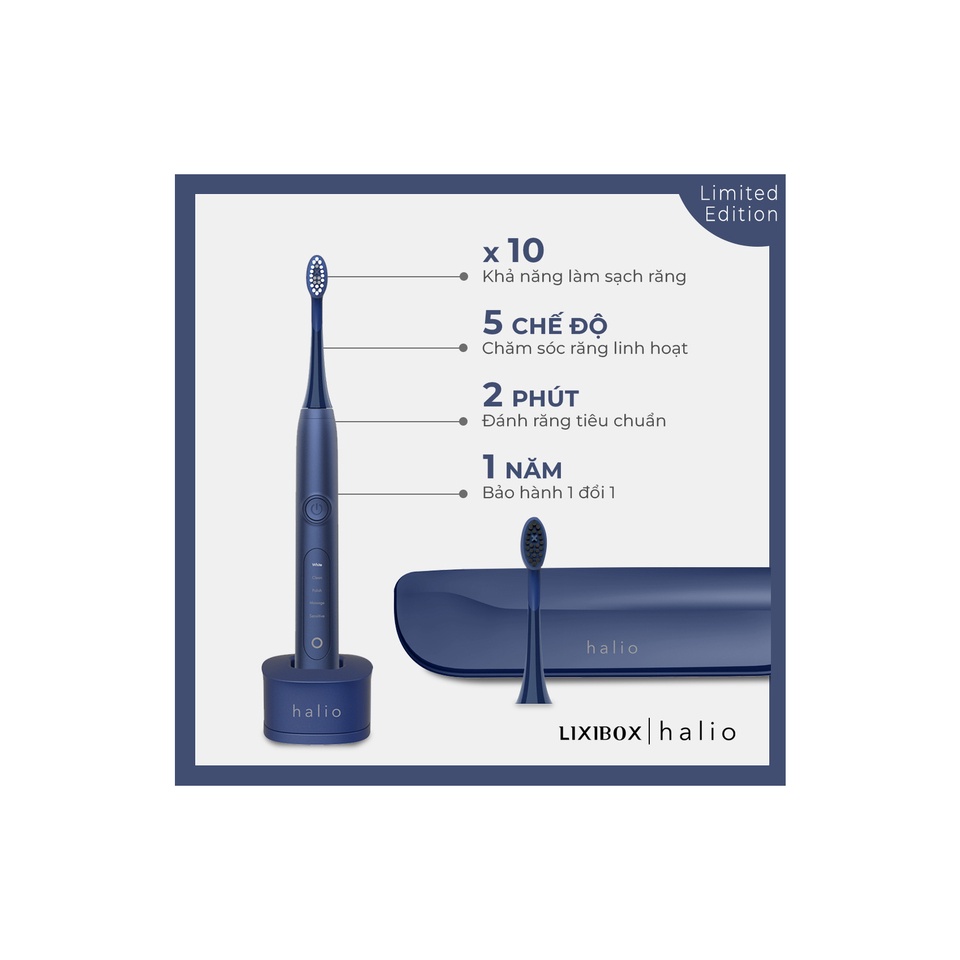 Bộ 2 Đầu Bàn Chải Điện Halio Sonic Whitening Electric Toothbrush Midnight Blue