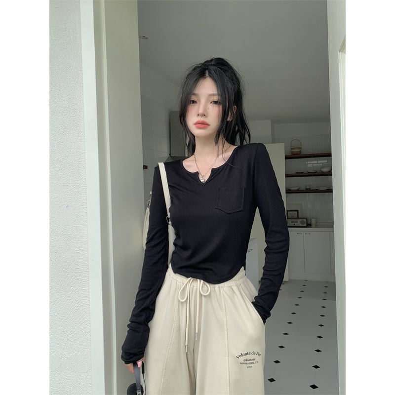 ZHELIHANGFEI Áo Thun Nữ Dài Tay Màu Sắc Đơn Giản