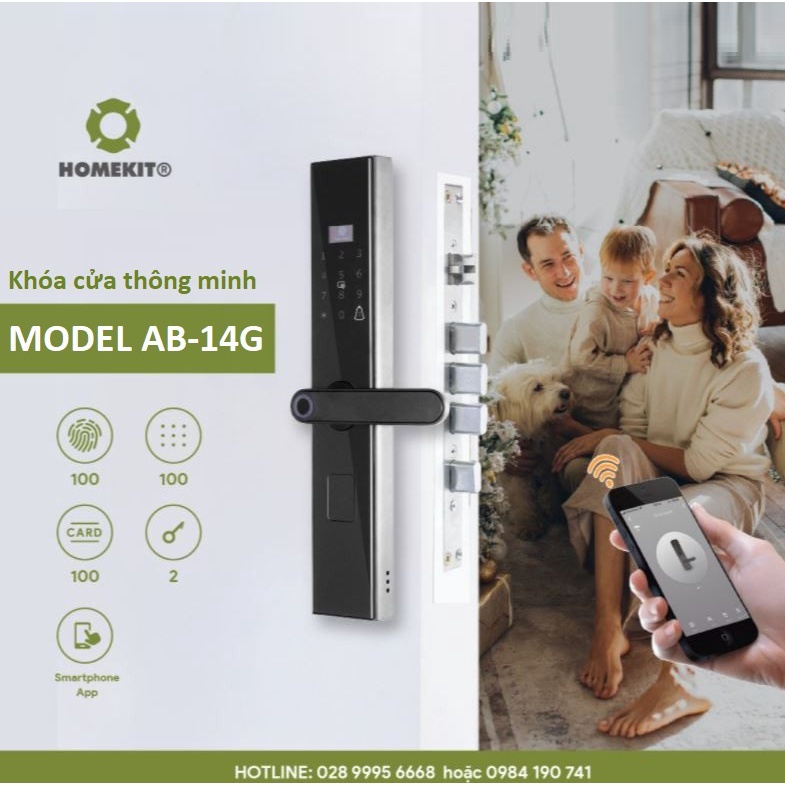 Khoá cửa vân tay điện tử thông minh HOMEKIT AB-14G 5 chức năng, kết nối app điện thoại Tuya Smart - lắp đặt tận nhà