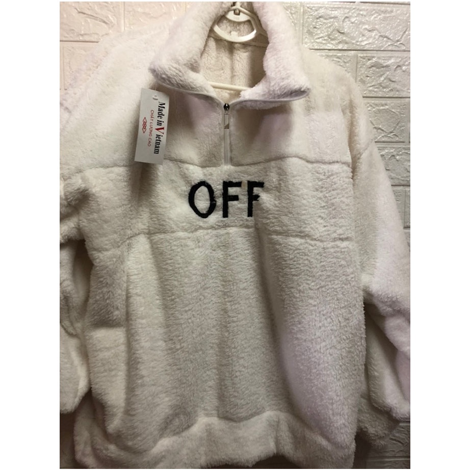 áo sweater zip nữ vải lông off cổ cao dáng thụng chữ thêu Freesize form dưới 65kg