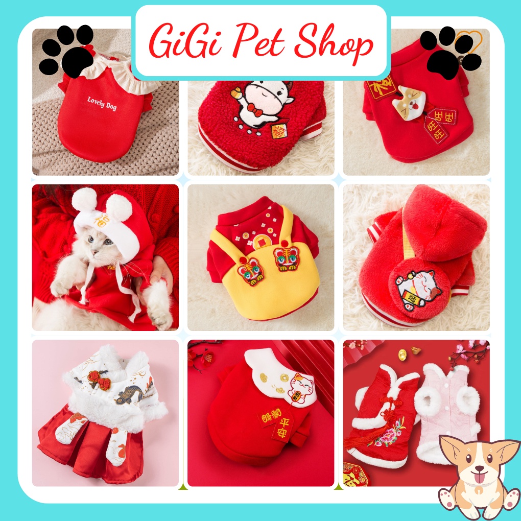 Quần áo tết thu đông lớp nỉ thú cưng cho chó mèo giữ ấm nhiều họa tiết dễ thương cute mặc đi chơi lễ - Gi Gi Pet Shop