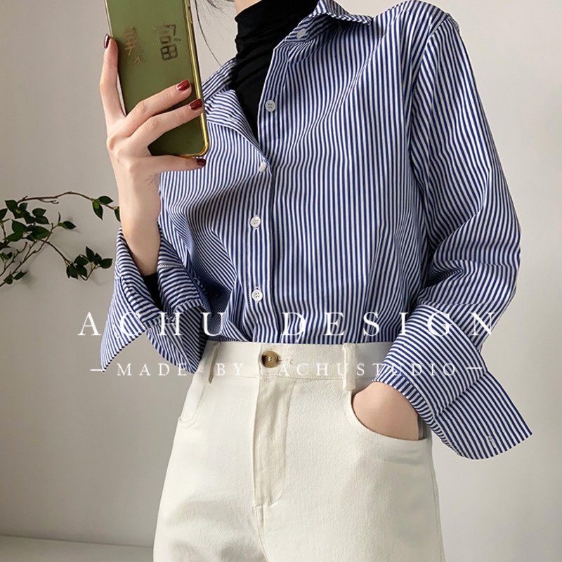 Áo Sơ Mi Nữ Tay Dài Kẻ Sọc Thời Trang Hàn Quốc