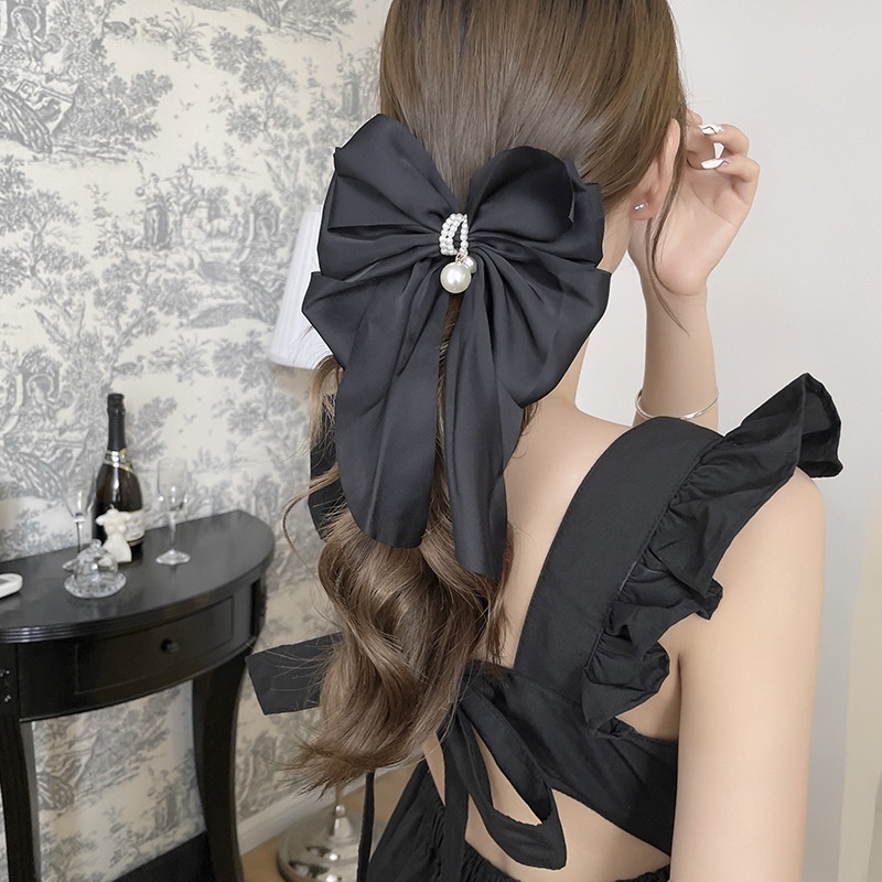 Kẹp Tóc Nơ Đính Ngọc Trai Ba Chiều Cỡ Lớn Bằng Satin Cao Cấp Phong Cách Vintage Pháp