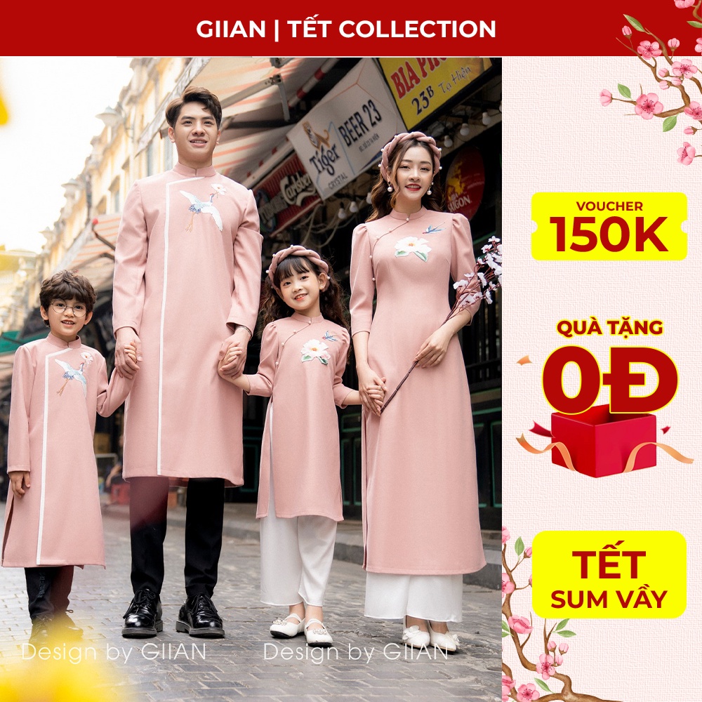 Áo dài gia đình hồng cách tân đính ngọc thiết kế chính hãng Giian - GAD406