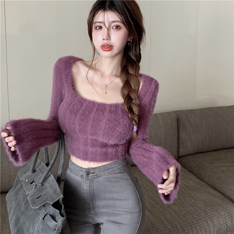 QADCOL Áo sweater Lông Chồn Cổ Vuông Thấp Mềm Mại Dày Dặn Thời Trang Thu Đông Cho Nữ