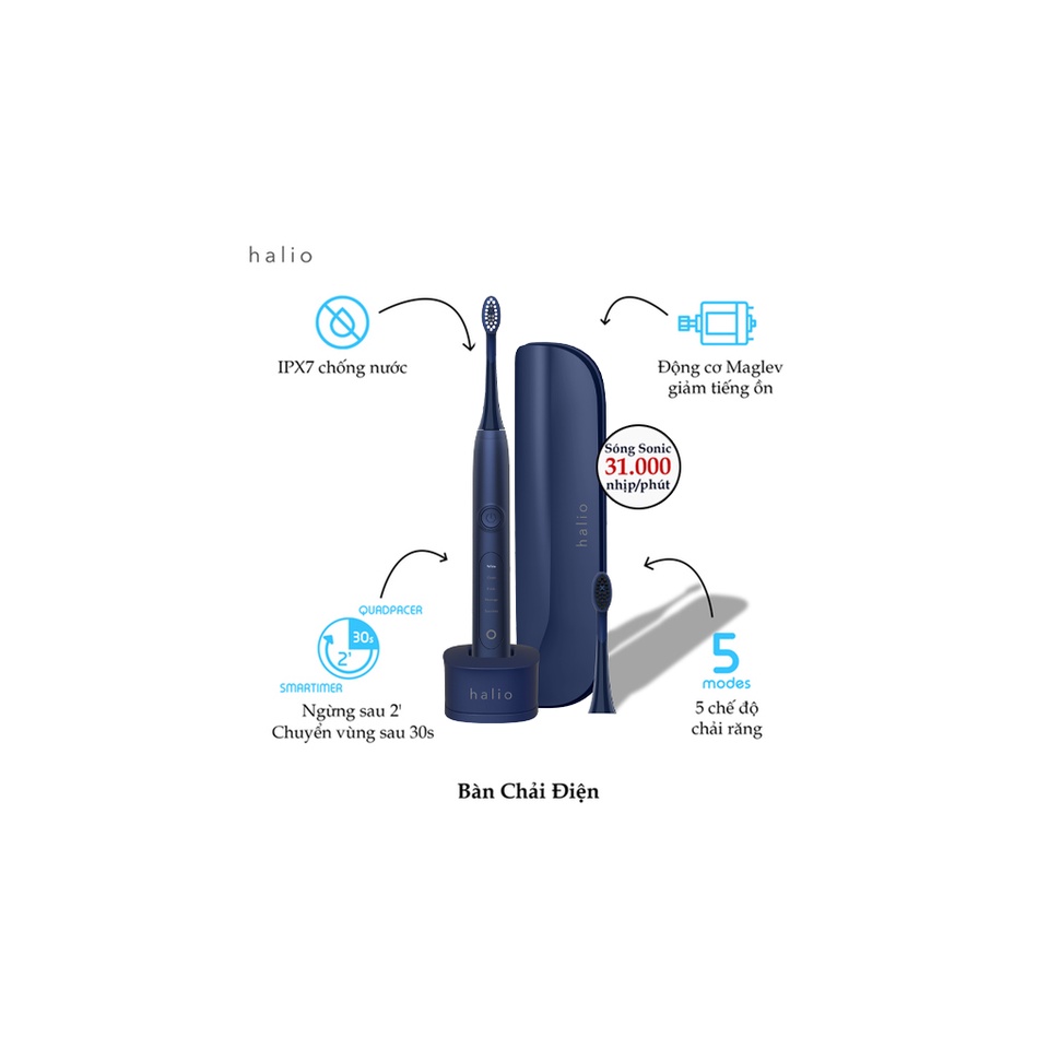 Bộ 2 Đầu Bàn Chải Điện Halio Sonic Whitening Electric Toothbrush Midnight Blue