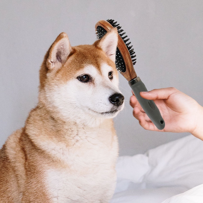 HamshMoc Lược Chải Lông Thú Cưng Hai Mặt Với Tay Cầm Bằng Gỗ Tiện Lợi