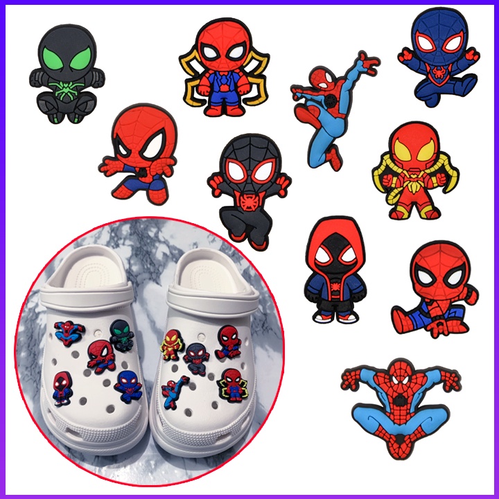 Bộ Sticker Hoạt Hình Gắn Dép Crocs Chủ Đề Người Nhện Siêu Dễ Thương - 10 Sticker Spiderman Cross Jibbitz