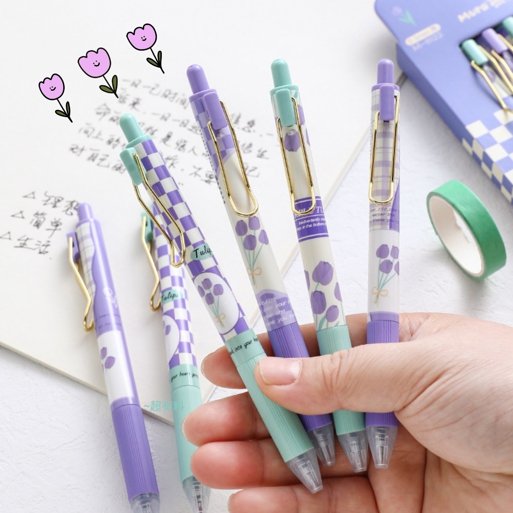 Bút Mực Gel Dạng Nhấn Nhanh Khô Họa Tiết Hoa Tulip Dễ Thương